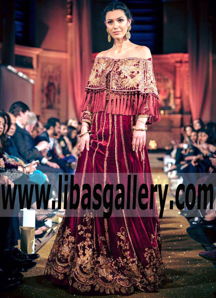 Cape Style Bridal Dress with Heavy Lehenga for Formal And Special Occasions Tena Durrani Bridal Dresses Bridal Cape Fashion Parade London Bridal Collection