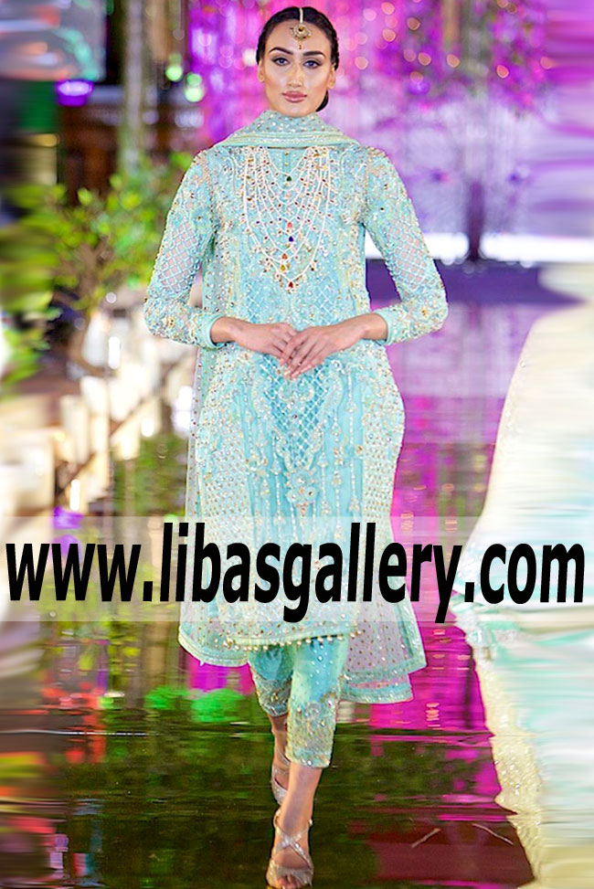 Astonishing Cyan Asian Designer Party Wear Nomi Ansari embroidered Dresses Designer embellished Dresses Hicksville New York NY US