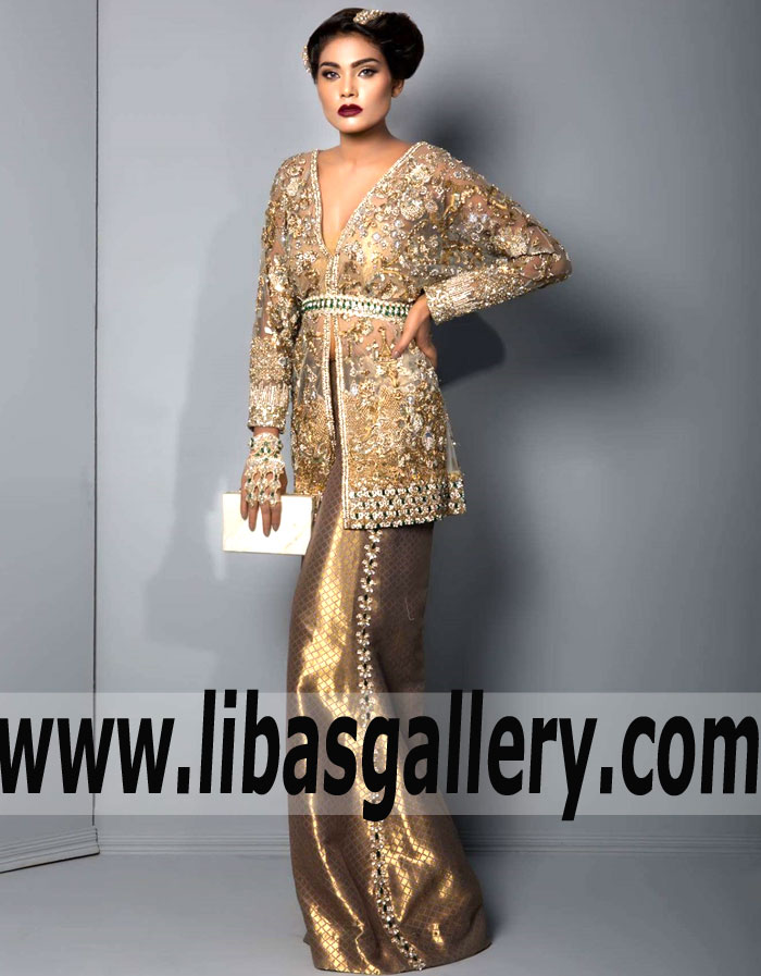 Latest Pakistani Party Dresses Designer MAHGUL Metallic Gold Party Dresses Discover the new range of Designer Party Wear in Pittsburgh Pennsylvannia PA US