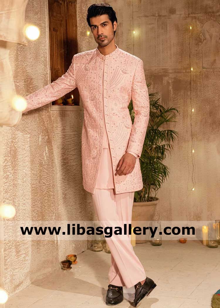 Soft Pink Dulha Nikah Sherwani embroidered