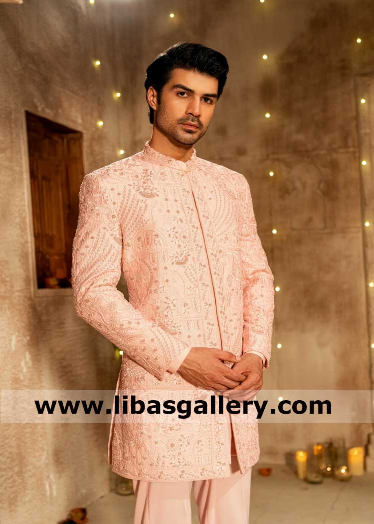 Soft Pink Dulha Nikah Sherwani embroidered