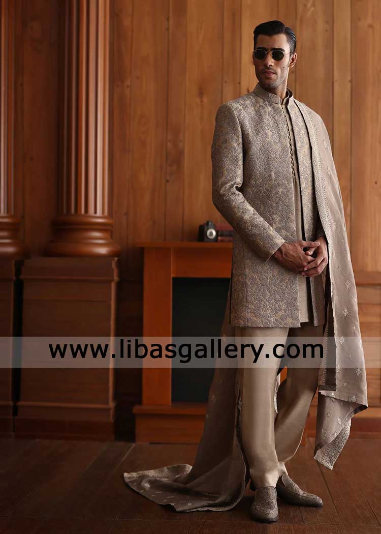 Stone Brown Exquisite Embroidered Wedding Prince Coat