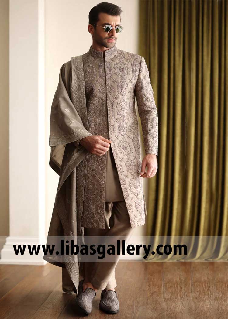 luxury taupe embroidered wedding shawl for groom Nikah | Groom Shawls