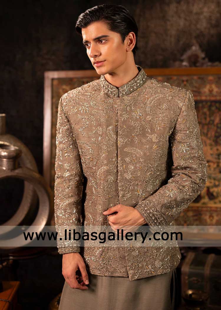 Taupe Gray Short Regal sherwani with silver embroidery