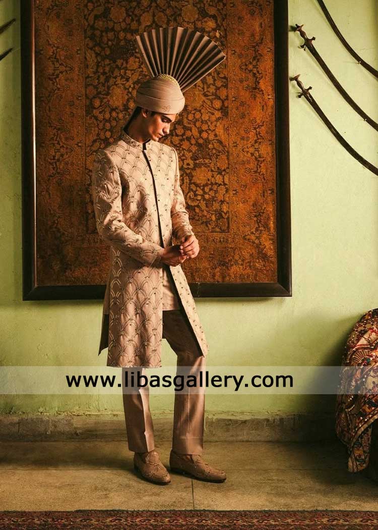 Gold Brown Groom Nikah sherwani with hand Embroidery