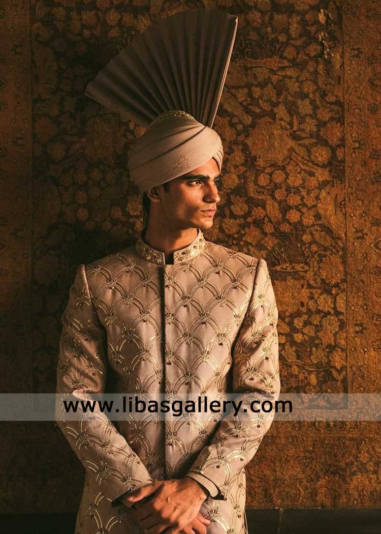 Gold Brown Groom Nikah sherwani with hand Embroidery