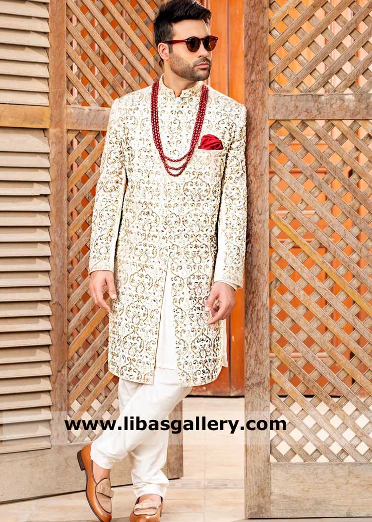 White Embroidered Groom Sherwani