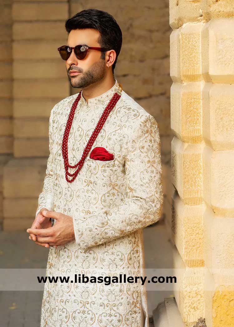 White Embroidered Groom Sherwani