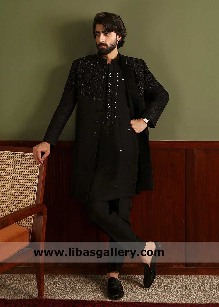 Nikah Jet Black Sherwani embroidered, open style groom jacket with hand embellishment, mirror work kurta sheffield Washington Dubai Sydney