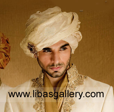 Ivory wedding turban for nikah groom with jewelry piece