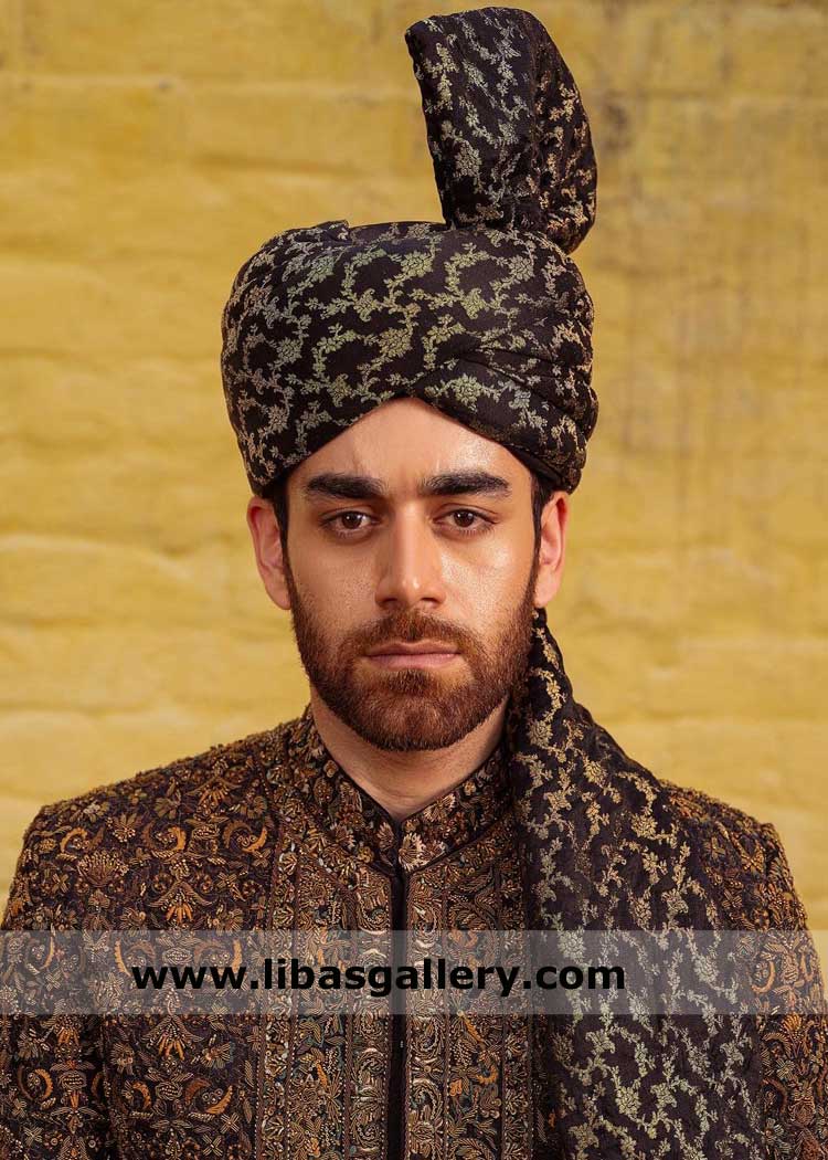 Jamawar Black Gold Groom Wedding Turban