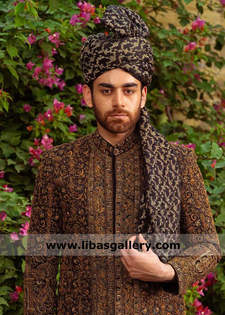 Jamawar Black Gold Groom Wedding Turban