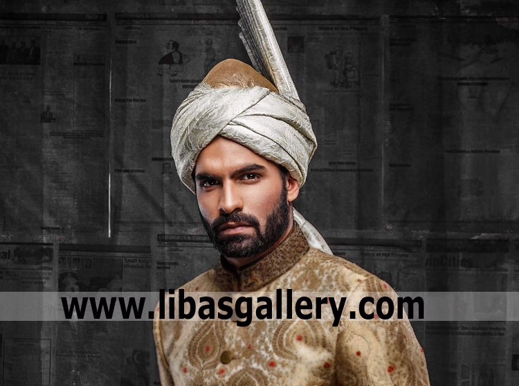 pretied Silver jamawar pagri for groom nikah with fan