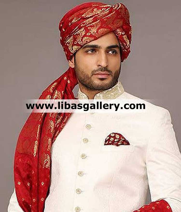 Red banarsi jamawar royal fabric wedding pagri for groom
