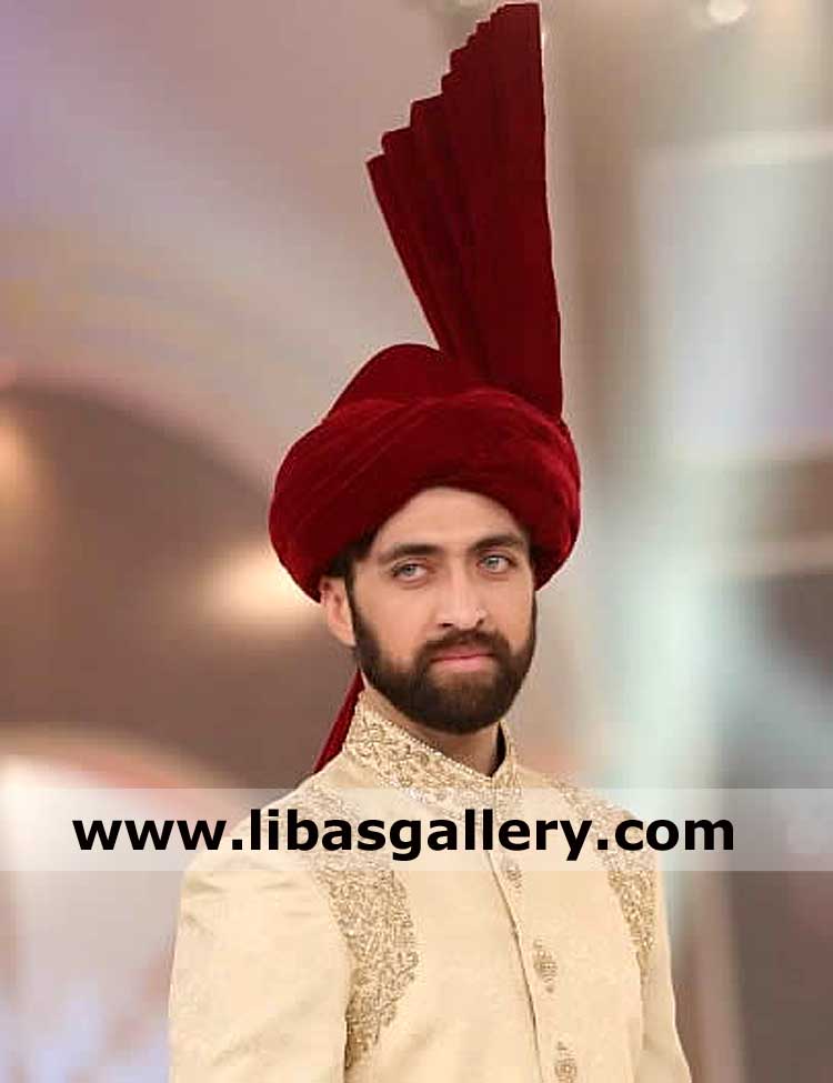 Red punjabi style kulla with tower for nikah groom