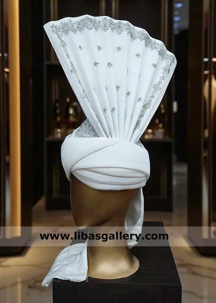 Groom White Turban silver embroidered 