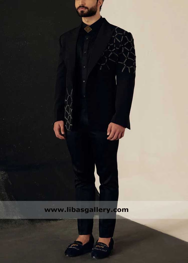 Men Tuxedo Style in Black with embroidery detail