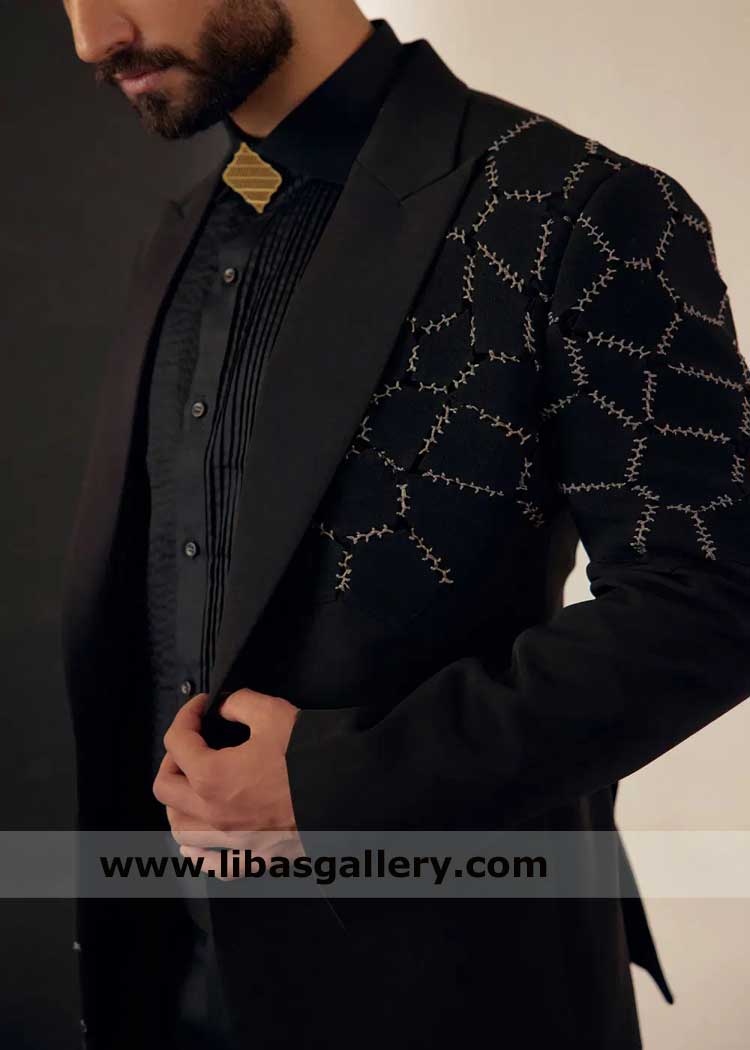 Men Tuxedo Style in Black with embroidery detail