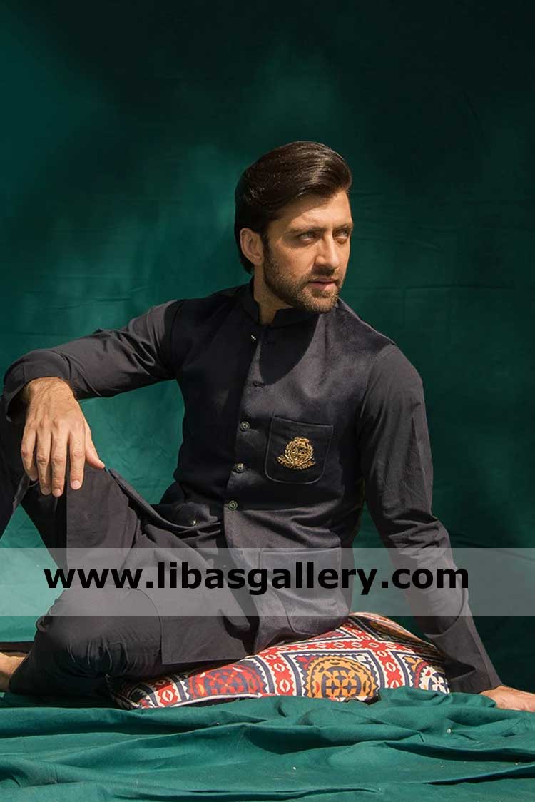 Black waist coat with monotone kurta pajama suit