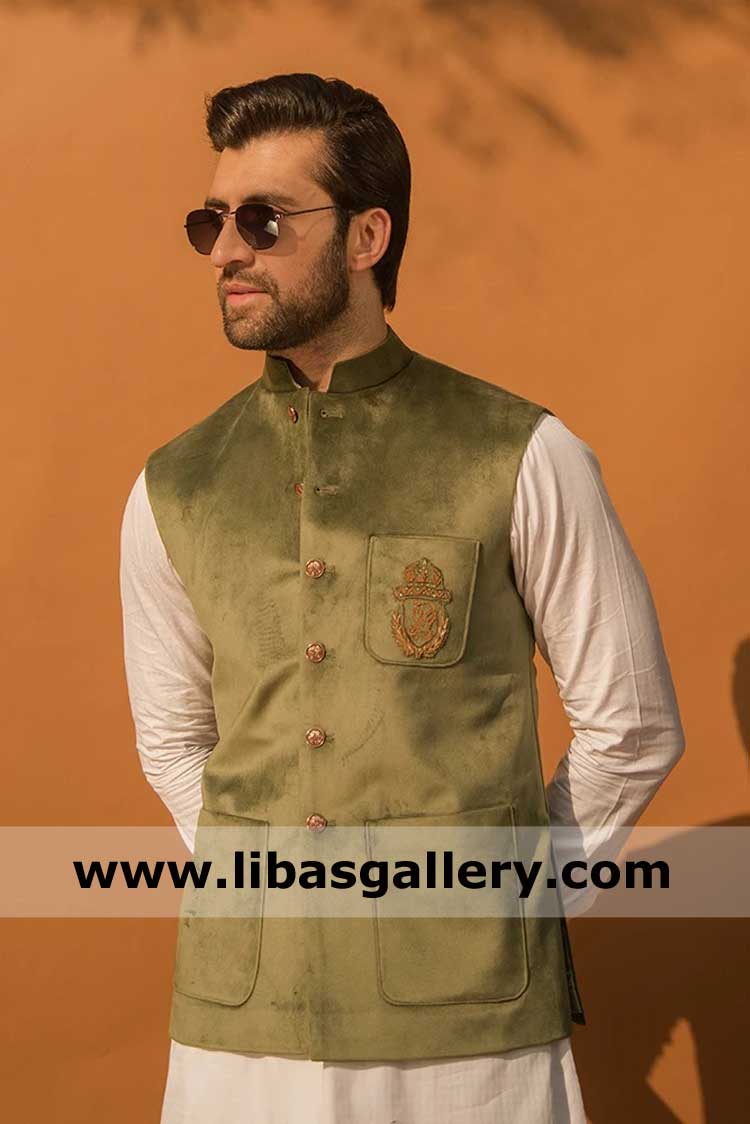 Pistachio Green Velour Waist Coat for men party event