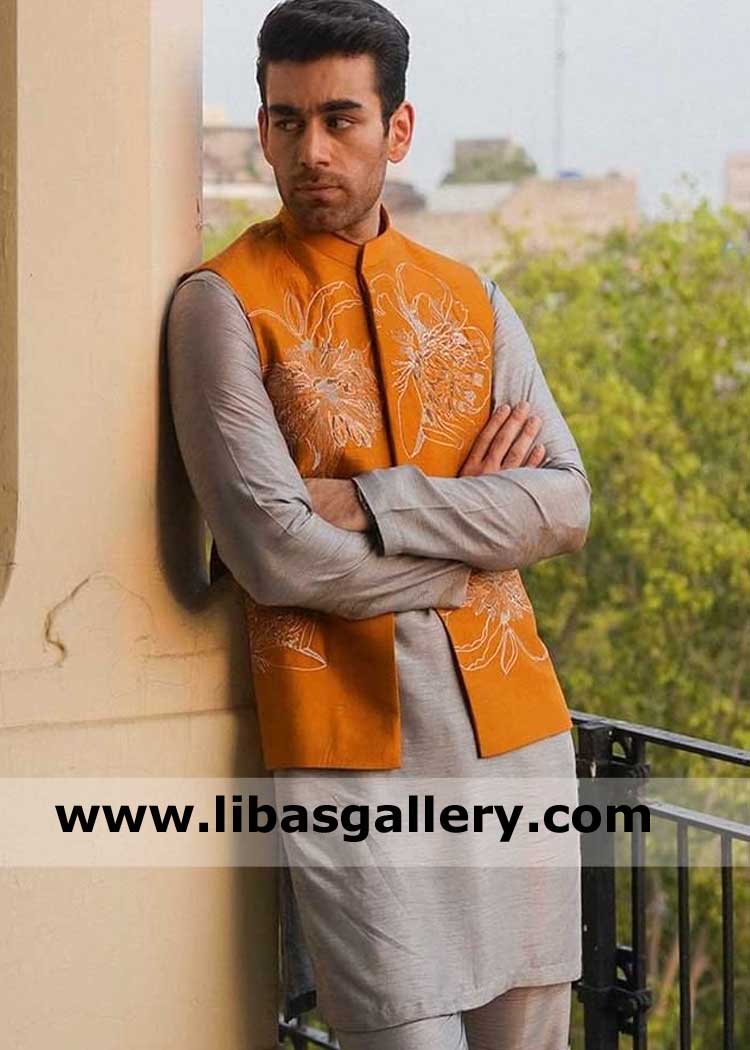 Mustard Embroidered men vest suit for nikah barat