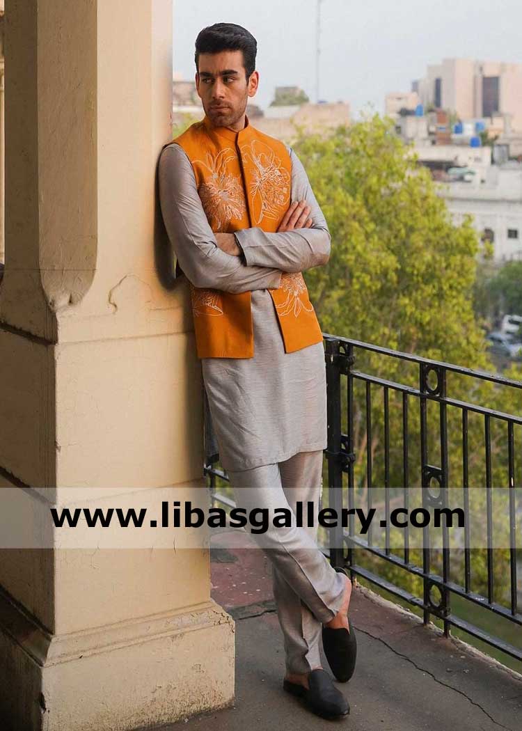 Mustard Embroidered men vest suit for nikah barat
