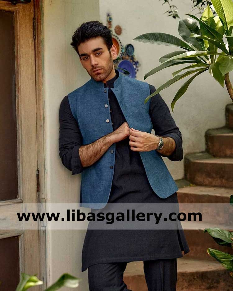 Men waist coat with metal silver buttons and kurta pajama dress