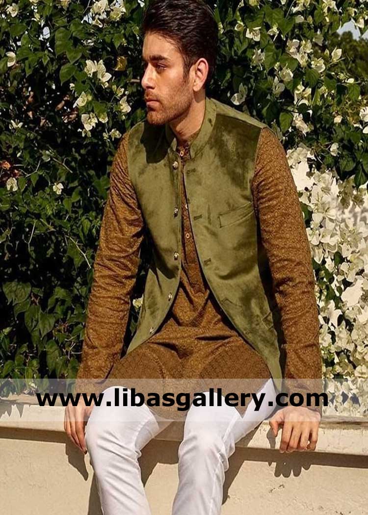 Green Eastern Velvet Waist coat for men with kurta pajama