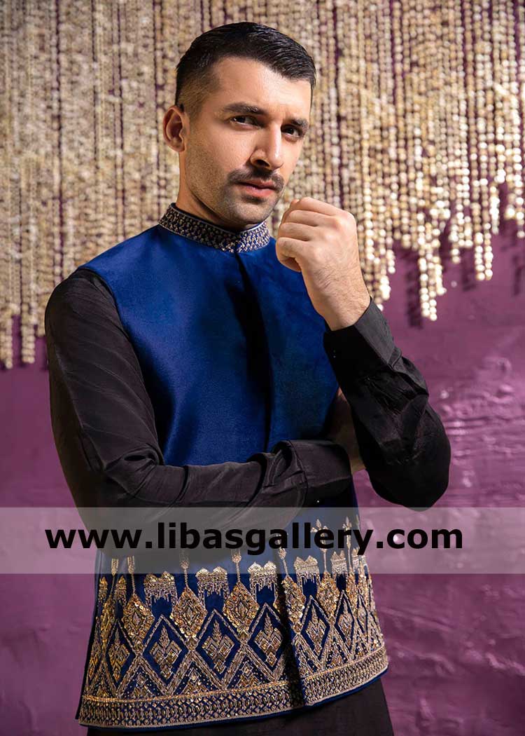 Pakistani Navy blue Embellished Wedding Groom Waist coat suit