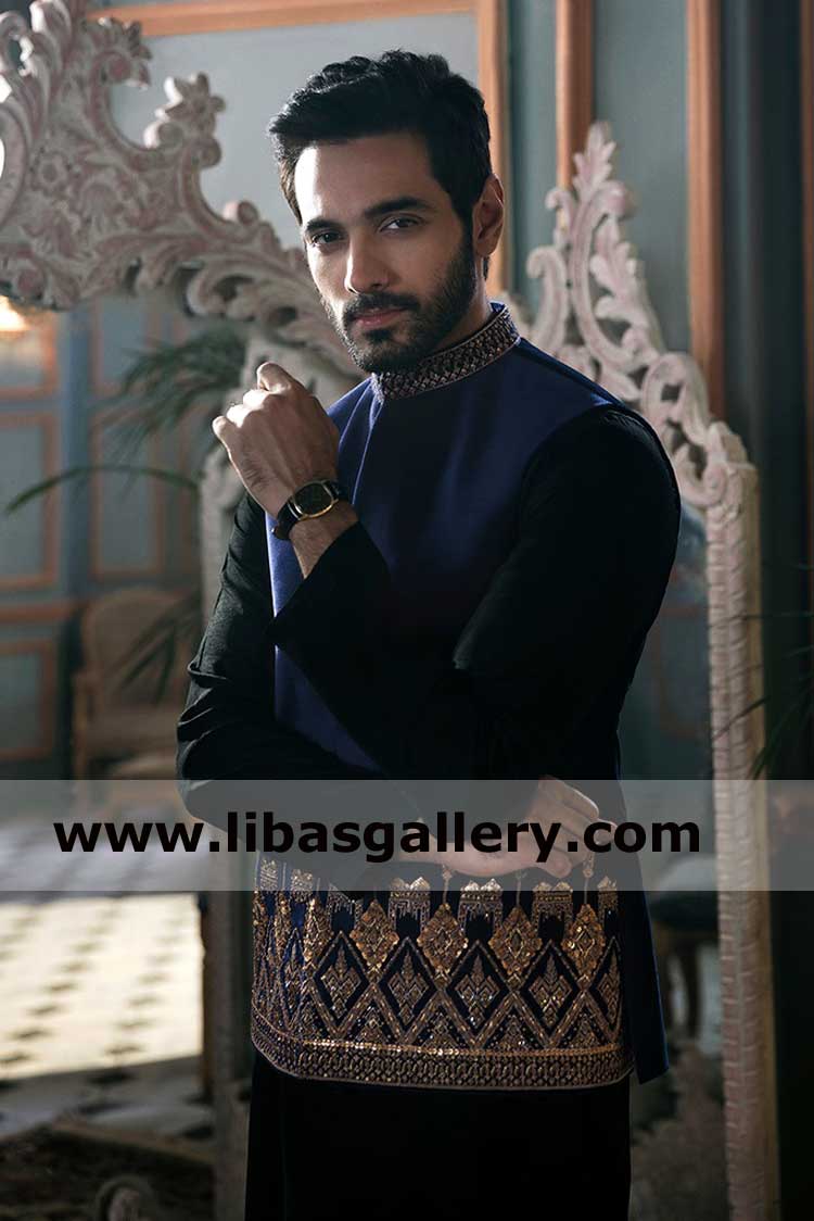 Pakistani Navy blue Embellished Wedding Groom Waist coat suit