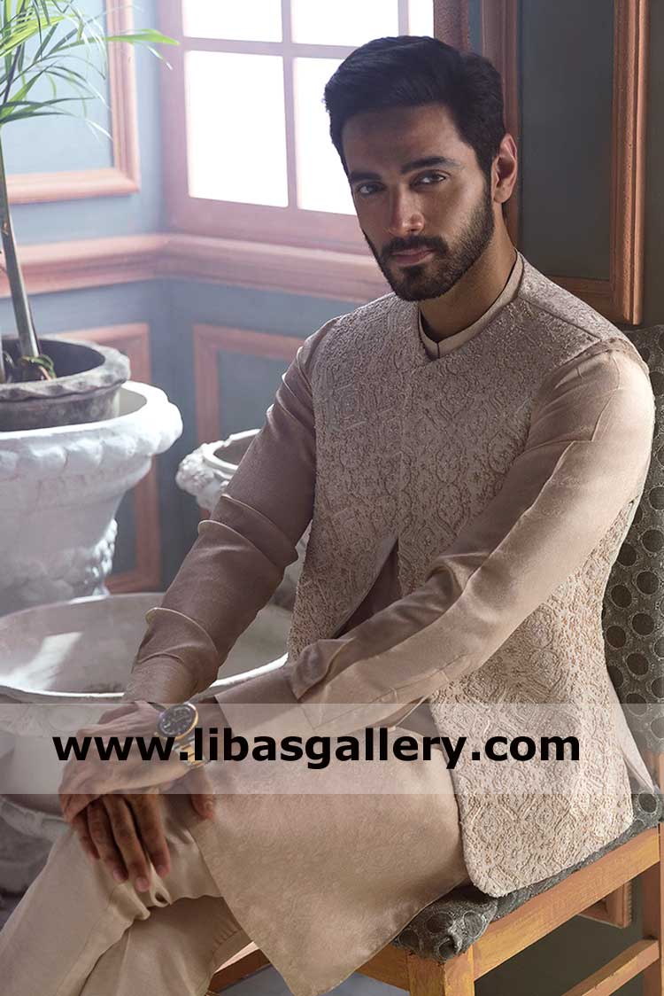 Pearl White Embellished Pakistani Men Waist Coat 