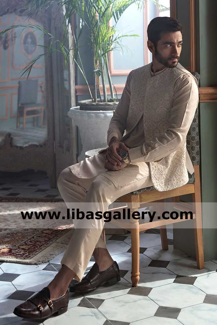 Pearl White Embellished Pakistani Men Waist Coat 