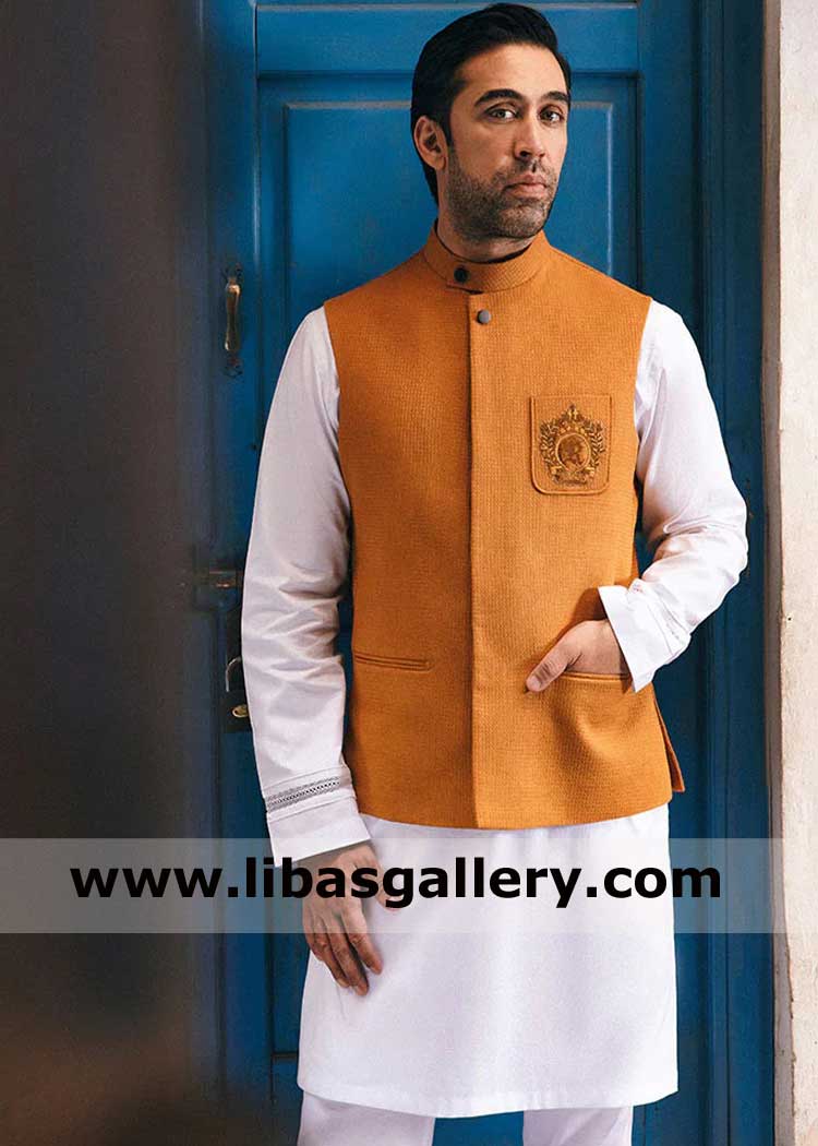Mustard herringbone textured waist coat with slit pockets