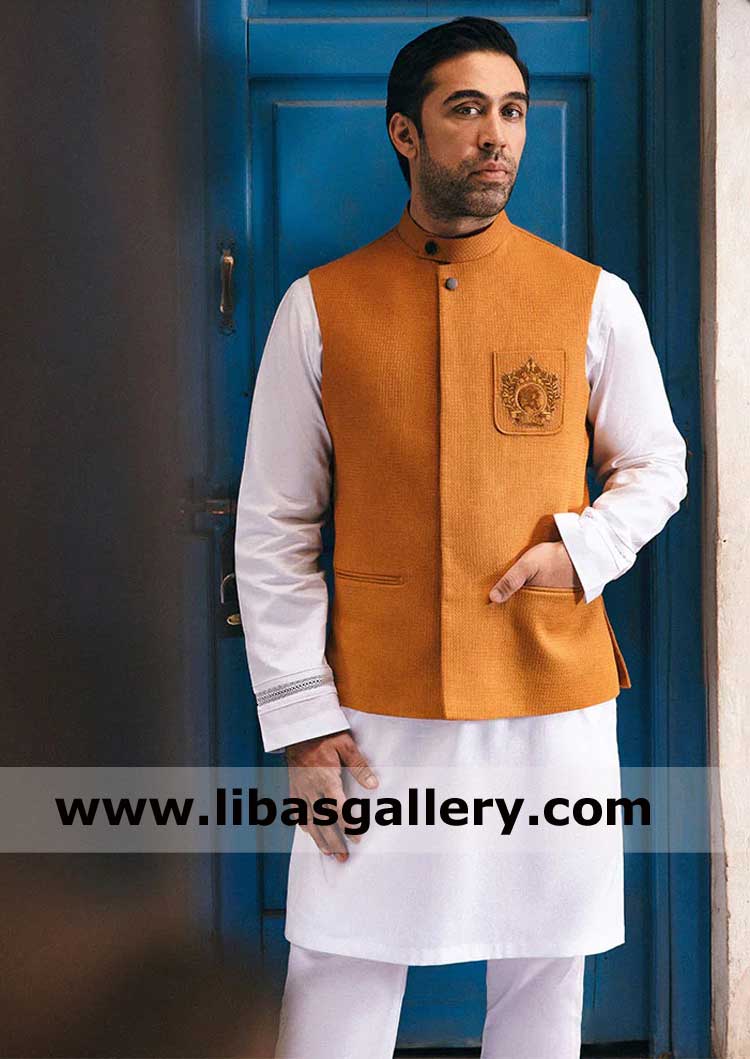 Mustard herringbone textured waist coat with slit pockets