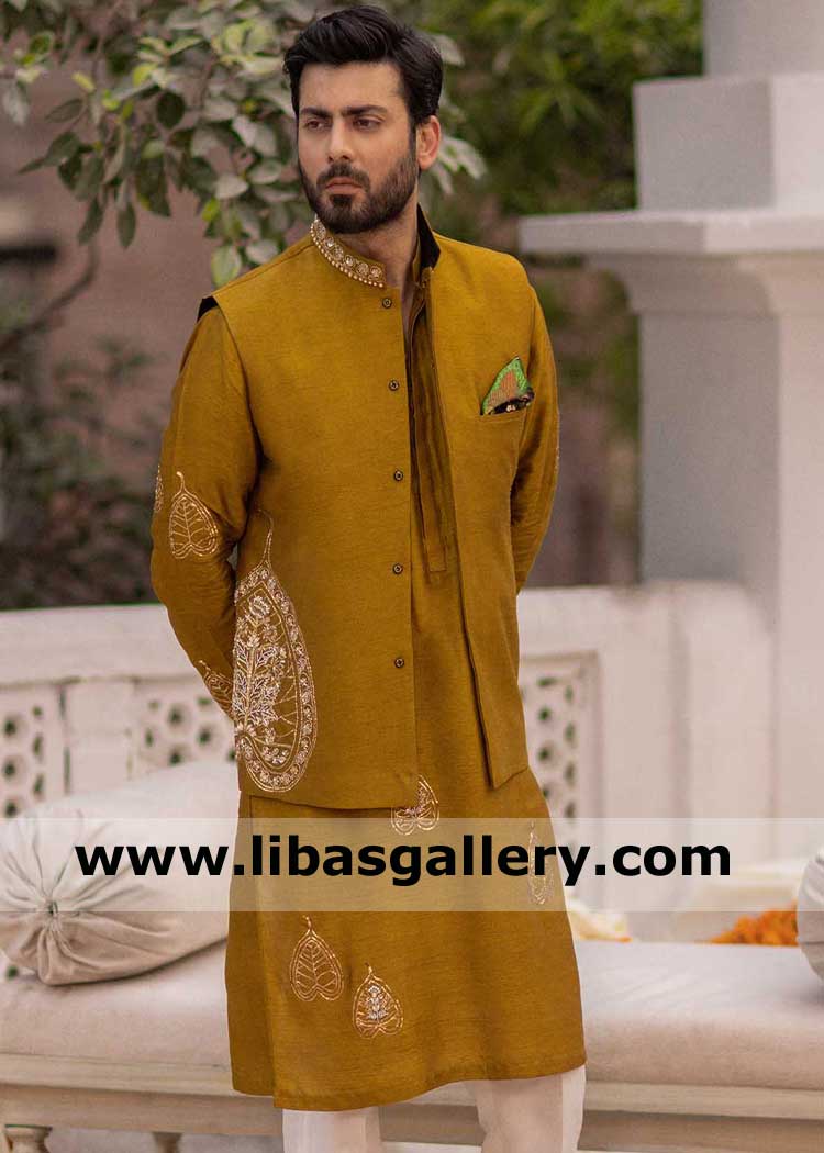 Honey Gold Raw silk Men Waist Coat Suit for Mehndi