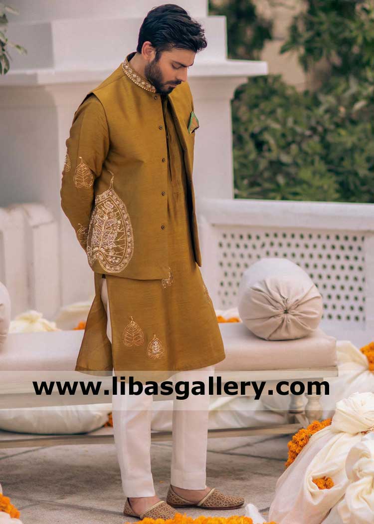 Honey Gold Raw silk Men Waist Coat Suit for Mehndi