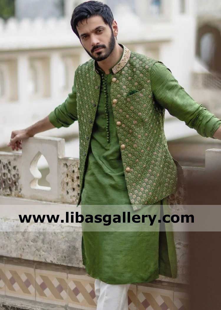 Men Lush Green Raw Silk Embellished Waist Coat for Mehndi