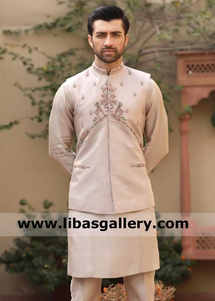 Powder pink Embroidered Men Wedding Waist coat Style