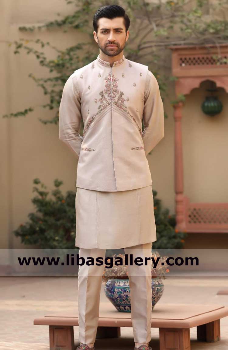 Powder pink Embroidered Men Wedding Waist coat Style