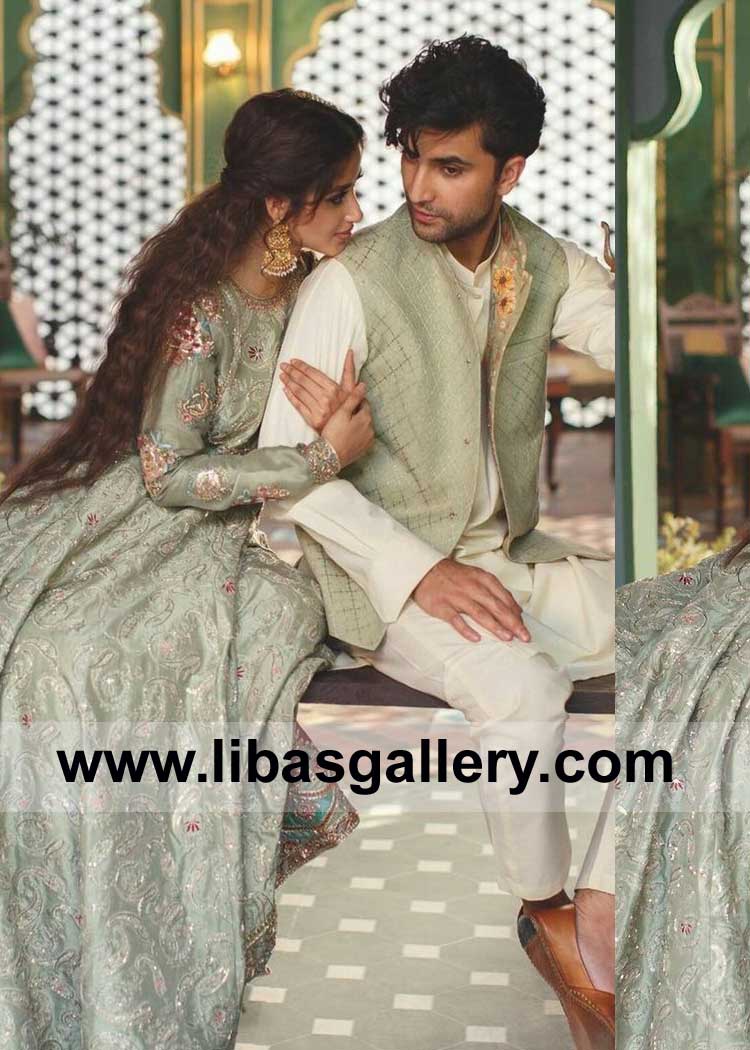 Light Green Embroidered Men Mehndi Waist Coat Suit 