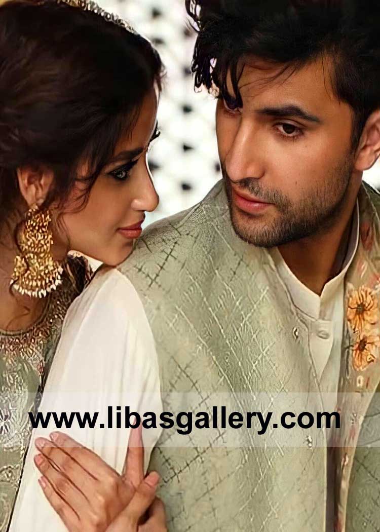 Light Green Embroidered Men Mehndi Waist Coat Suit 
