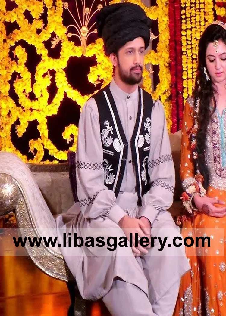 Black Embroidered Men Balochi Waist Coat with Balochi Inner suit