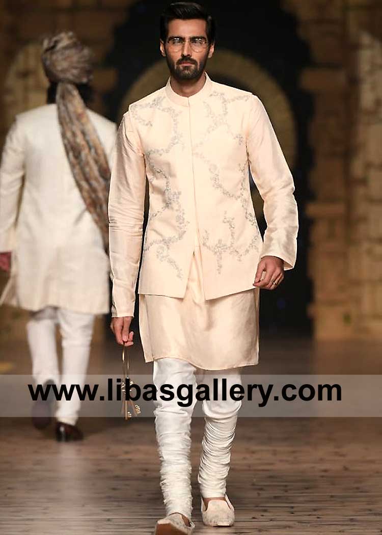 light Peach Men Embroidered Unique Style Waist Coat