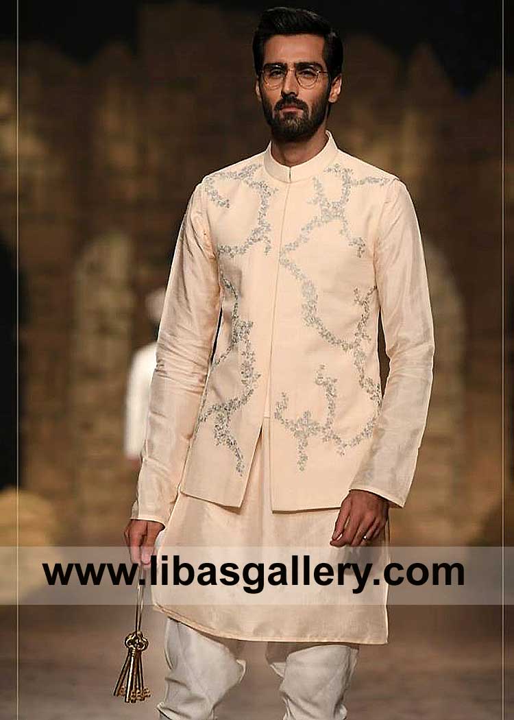 light Peach Men Embroidered Unique Style Waist Coat