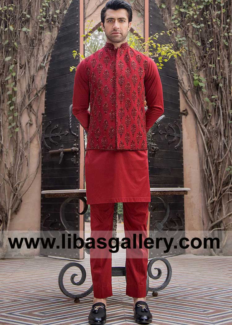 Red Exquisite Waist Coat hand embellished for Men Occasion