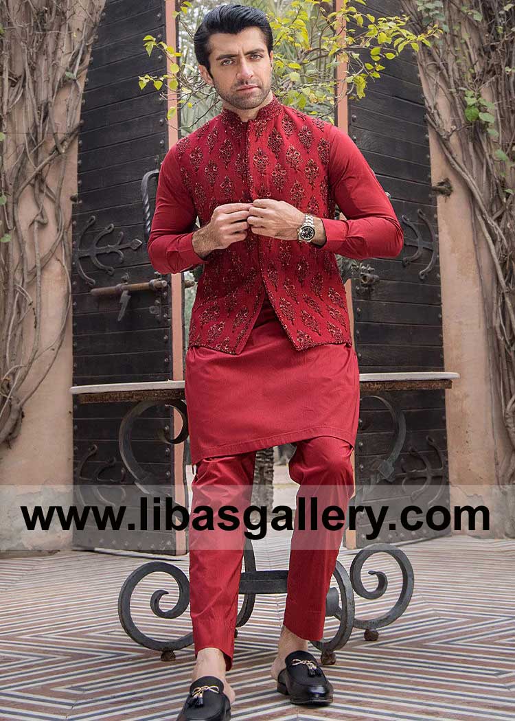 Red Exquisite Waist Coat hand embellished for Men Occasion