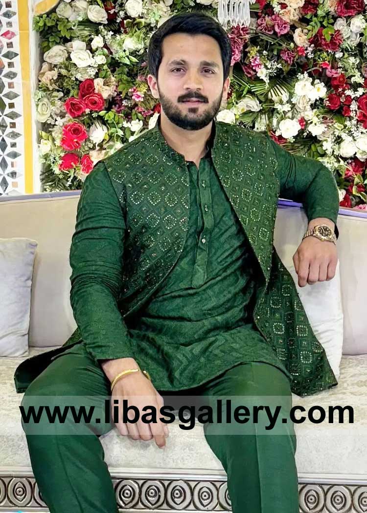Vibrant Green Groom Waist coat with hand embroidery for Timeless Wedding