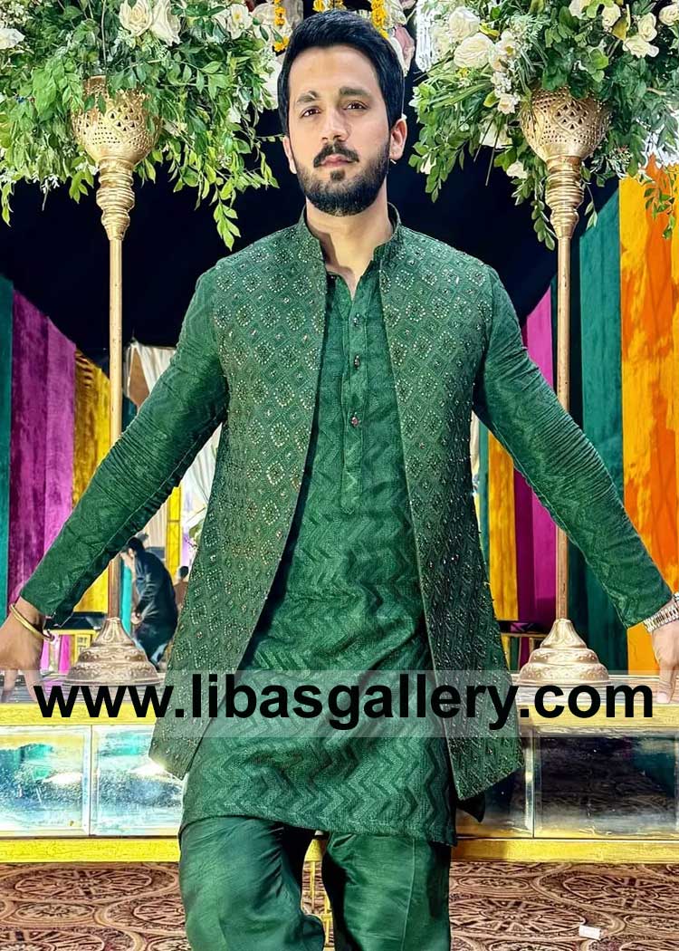 Vibrant Green Groom Waist coat with hand embroidery for Timeless Wedding