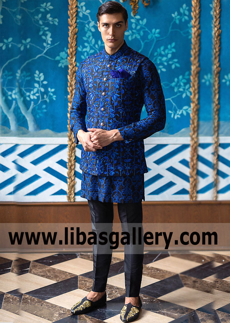 Black Base Waist Coat with Cobalt Blue Embroidery for Festive Wedding