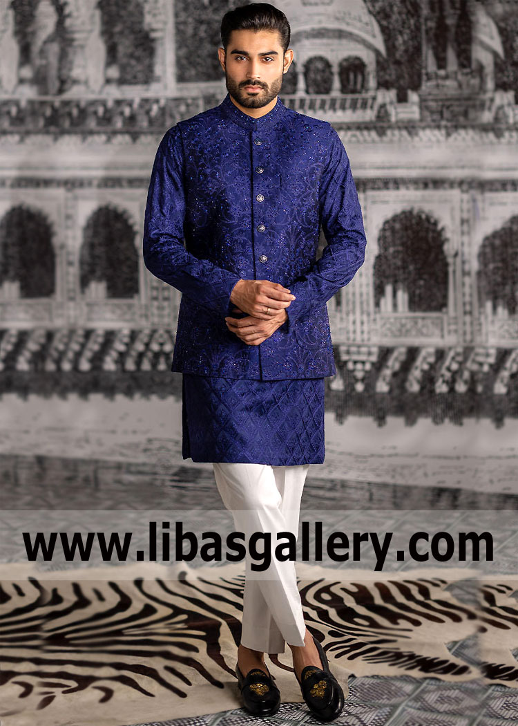 Self Embroidered Blue Amazing Men Waist Coat Style